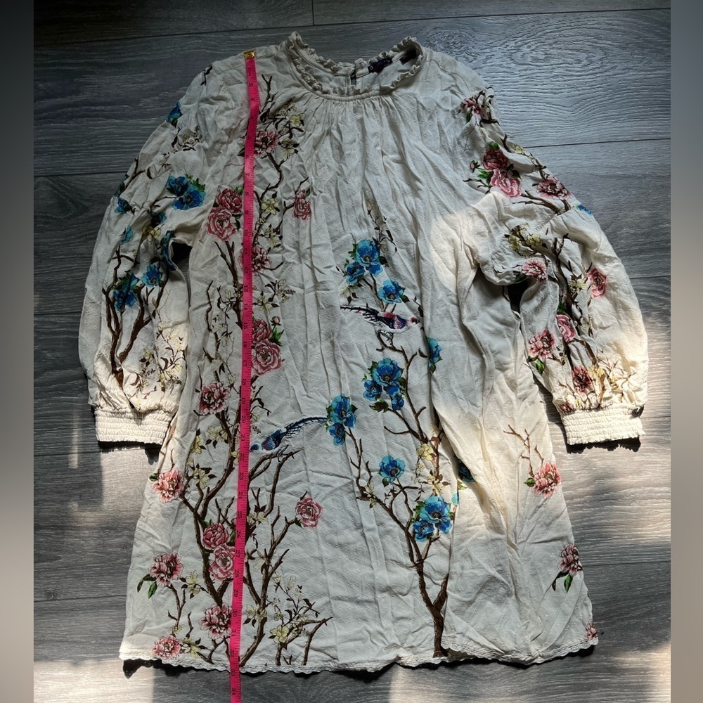 Superdry Long Sleeve Lightweight Embroidered Tree Bird Cream Blue Dress Size 12 - Picture 4 of 7